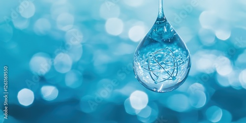 Innovative Water Droplet with Atomic Model: Abstract Marketing Background for Clean Drinking Water. Blue Serene Backdrop Emphasizing Purity and Freshness. Ideal for Cosmetic Promotions and Health Camp