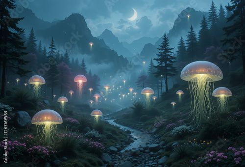 Forest with fog, light jelly fish