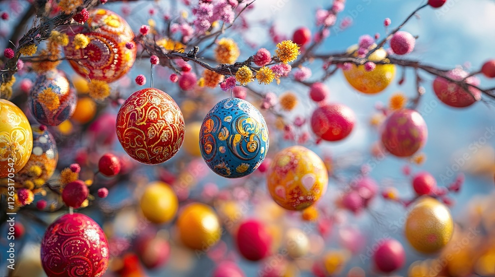 Obraz premium vibrant Easter egg tree with branches adorned with colorful, intricately decorated eggs and blossoms, creating festive and cheerful atmosphere against clear sky. 