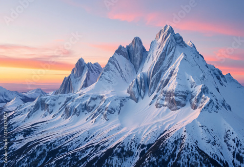 Snowy mountains winter landscape sunset