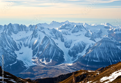 Snowy mountains winter landscape sunset