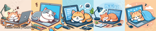vector collection of cute cats sleeping on a laptop