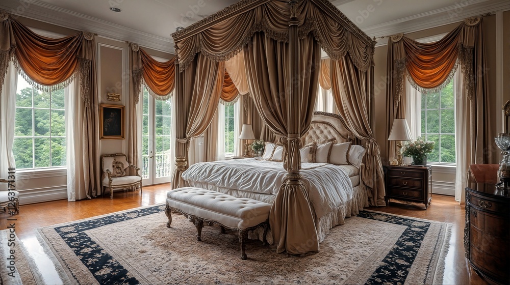 A large bedroom with a bed and rug on a wood floor. A large bedroom with a bed and rug on a wood floor.