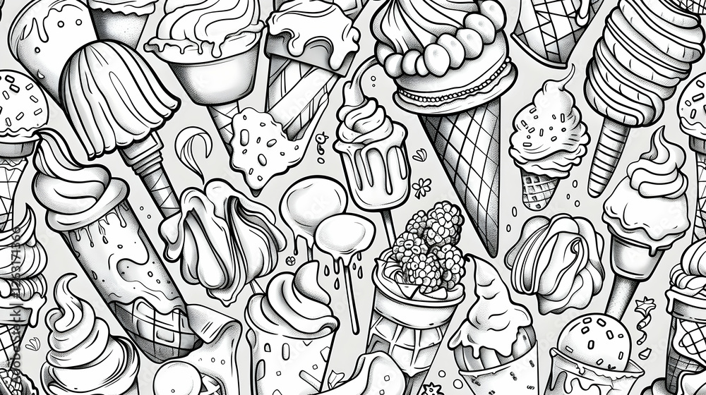 Naklejka premium A vibrant assortment of ice cream cones and sundaes displayed in a playful, artistic pattern