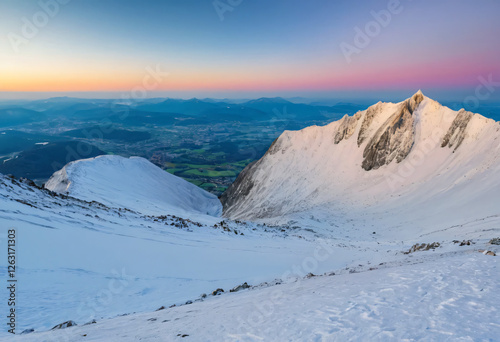 Snowy mountains winter landscape sunset