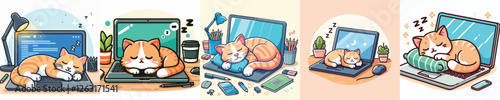 vector collection of cute cats sleeping on a laptop