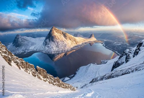 Snowy mountains winter landscape sunset