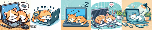 vector collection of cute cats sleeping on a laptop