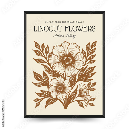Abstract linocut floral posters template. Modern trendy minimal style. Black and white colors. Botanical blockprint. Hand drawn design for wallpaper, wall decor, print, postcard, cover, template.