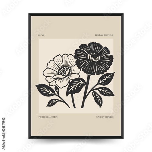 Abstract linocut floral posters template. Modern trendy minimal style. Black and white colors. Botanical blockprint. Hand drawn design for wallpaper, wall decor, print, postcard, cover, template.