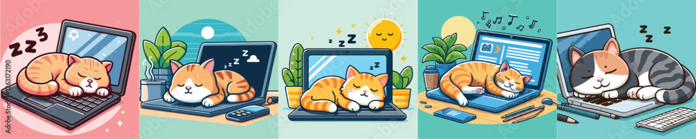 vector collection of cute cats sleeping on a laptop
