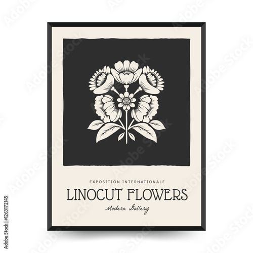 Abstract linocut floral posters template. Modern trendy minimal style. Black and white colors. Botanical blockprint. Hand drawn design for wallpaper, wall decor, print, postcard, cover, template.