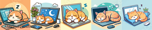 vector collection of cute cats sleeping on a laptop