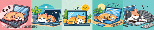 vector collection of cute cats sleeping on a laptop