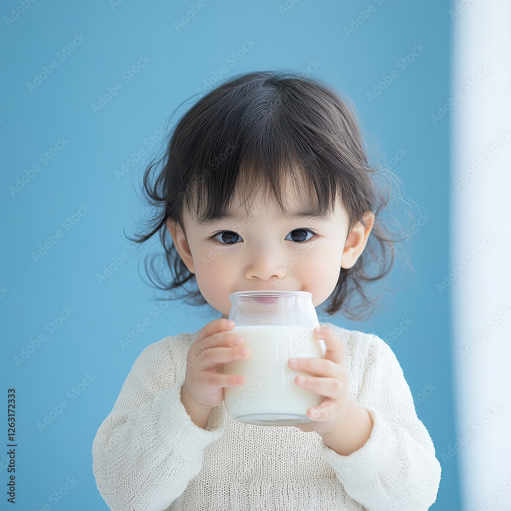 young child with curly hair enjoys glass of milk, showcasing joyful moment against soft blue background. innocence and delight of childhood are beautifully captured young child with curly hair enjoys glass of milk, showcasing joyful moment against soft blue background. innocence and delight of childhood are beautifully captured