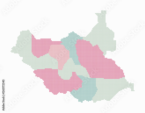 South Sudan dotted map. Digital style map of the country on white background. South Sudan shape with circle dots. Colored dots style. Small size circles. Trending vector illustration.