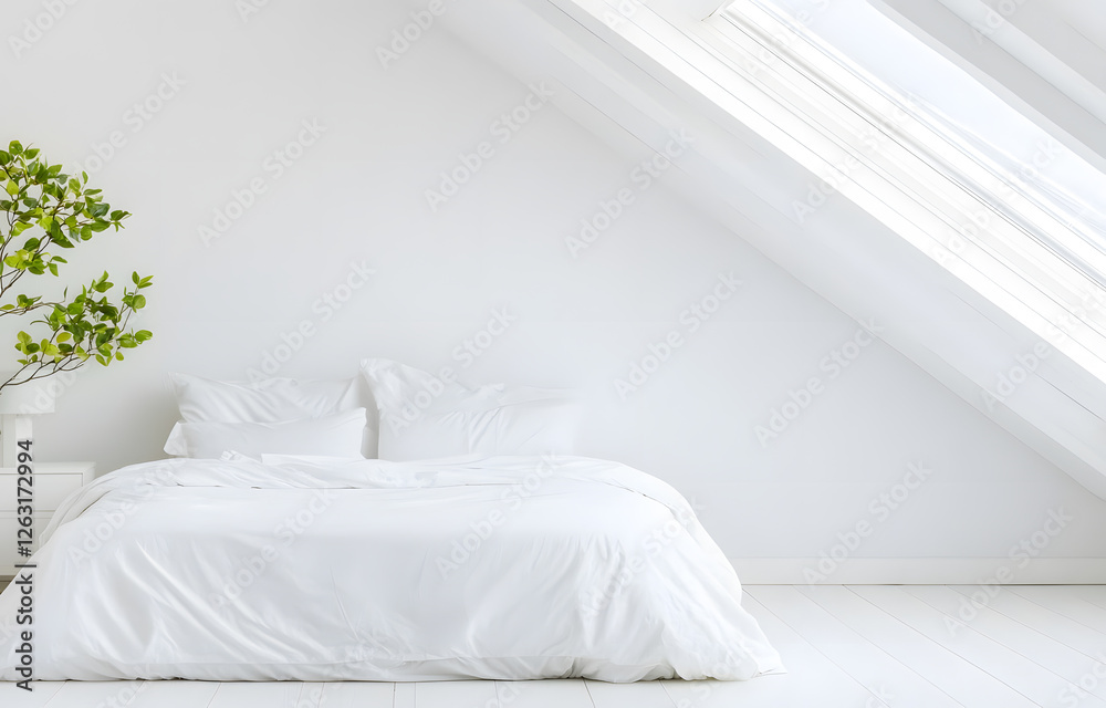 Obraz premium Tranquil white bedroom modern attic interior design minimalist environment natural light serenity and comfort