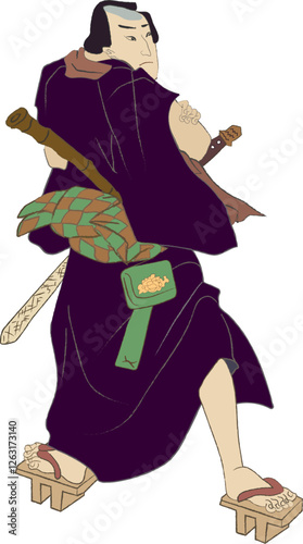 Kabuki theater actor vector illustration with weapon sword. Ancient japanese or chinese theater.