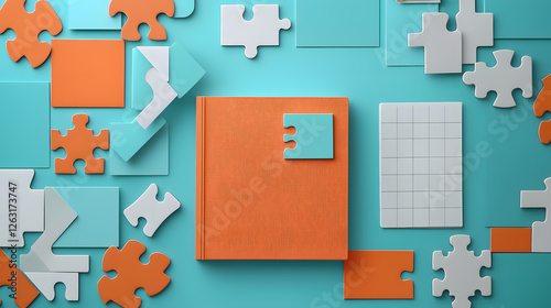 Creative puzzle book layout design studio workspace digital artwork modern environment top-down view visual concepts for engagement