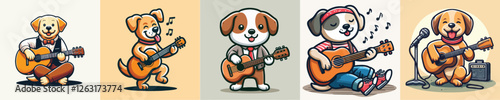 vector set of cute dogs playing guitar