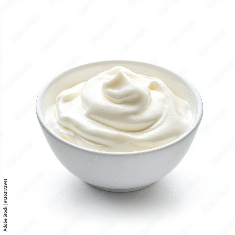 Creamy and Smooth White Yogurt or Whipped Cream in a Shallow Bowl Isolated on White Background Creamy and Smooth White Yogurt or Whipped Cream in a Shallow Bowl Isolated on White Background