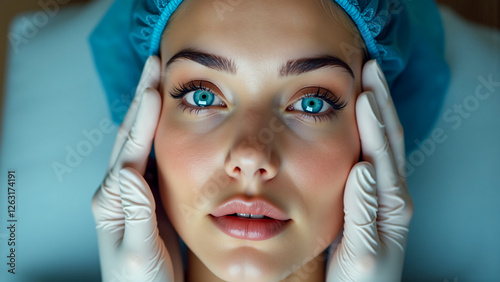 Woman Receiving Facial Examination by a Professional in a Medical Setting photo