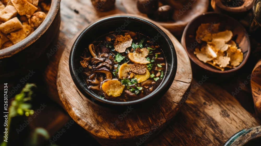 Rich pork and mushroom soup with gourmet toppings like truffle oil and shiitake crisps, displayed on an oak table, Rich pork and mushroom soup with gourmet toppings like truffle oil and shiitake crisps, displayed on an oak table,