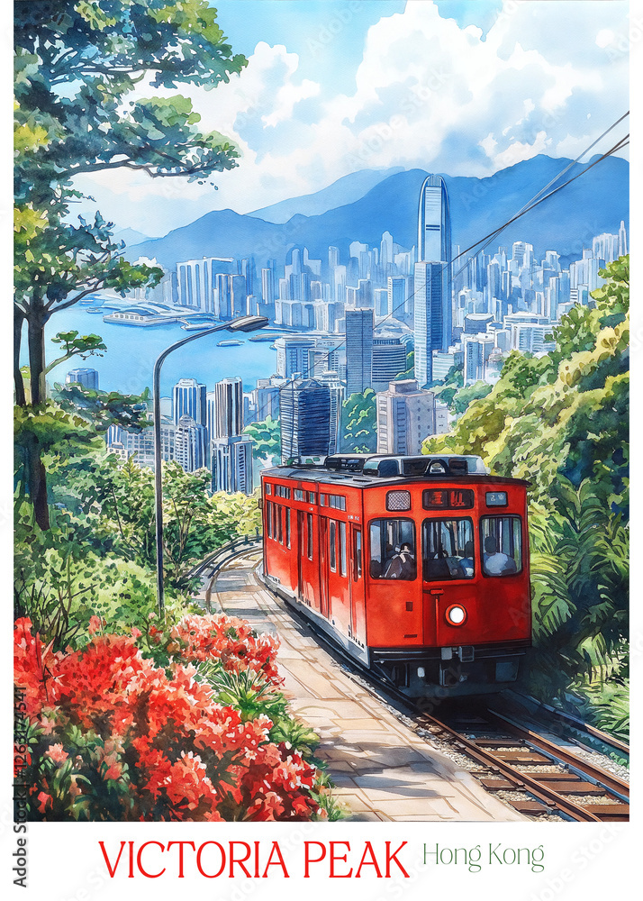 Obraz premium Victoria Peak Hong Kong poster style illustration. Travel print decor gift paper canvas wall retro art