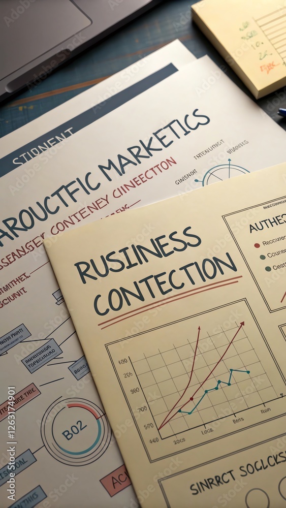 Business documents and graphs showcasing market analysis on a desk.
