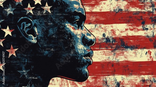 Artistic profile of an African American overlaid with American flag