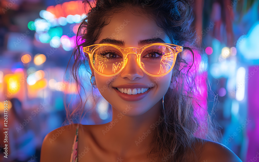 Neon Vibes: Tourist Radiates Joy with Palm Tree Shades Neon Vibes: Tourist Radiates Joy with Palm Tree Shades