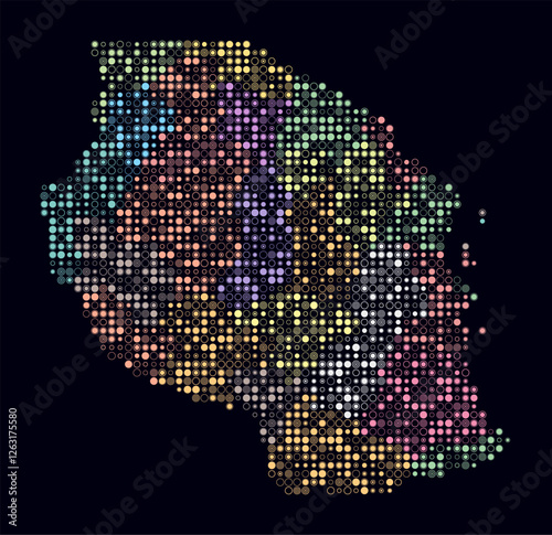 Tanzania, shape of the country built of colored cells. Digital style map of Tanzania on a dark background. Small size circle blocks. Vibrant vector illustration.