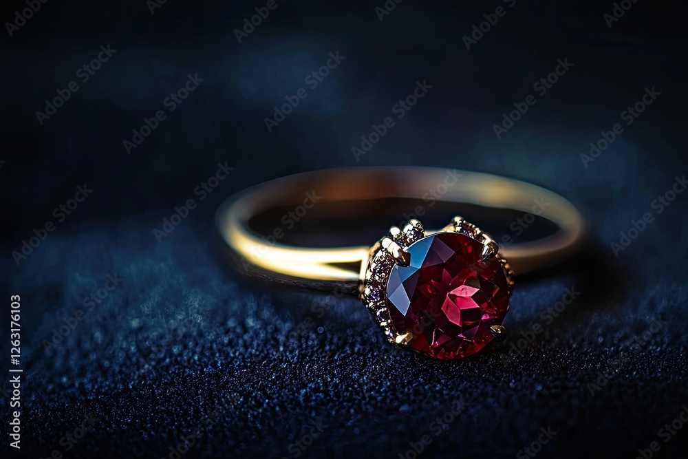 A dramatic lighting shot of a ruby ring against a black velvet background A dramatic lighting shot of a ruby ring against a black velvet background