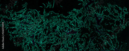 Futuristic glowing abstract pattern neon green electric veins on black background. Grunge marbled pattern and rough paint with dark green. Abstract background with dark jade rough grainy stone. 