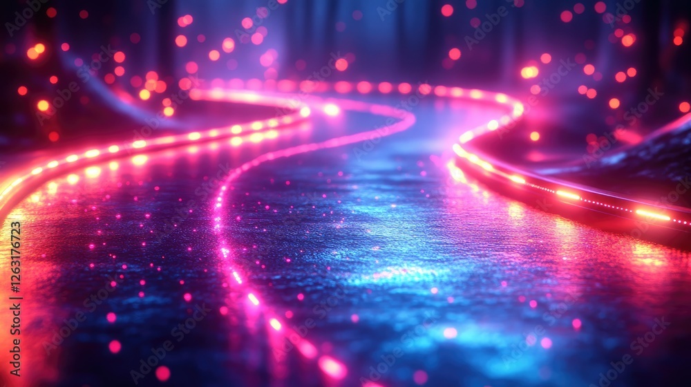 Neon Lights Illuminate A Winding Forest Path Neon Lights Illuminate A Winding Forest Path