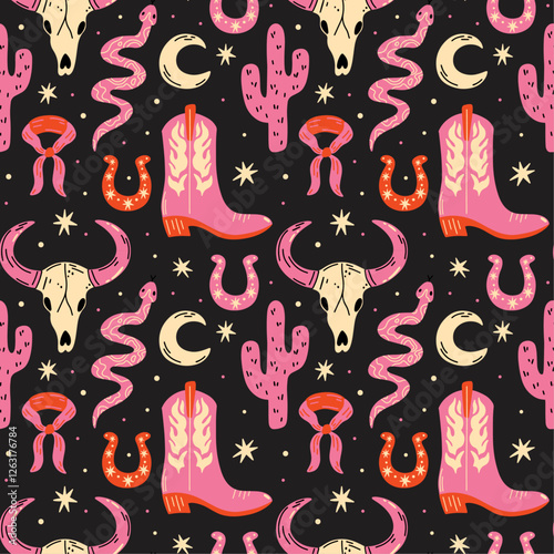 Western themed seamless vector pattern with cute groovy funky boho cartoon illustration of animal skull, snake, plants, moon, horseshoe, cowboy boots, cowgirl aesthetic, wild west, american, mexican