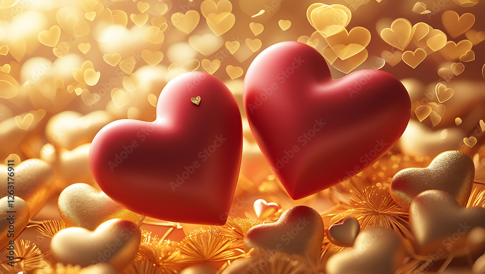 Fototapeta premium two glossy pink hearts with golden sparkles resting on a pink surface against a glowing bokeh background, romantic and luxurious design, concept of valentine's day, love, and celebration industries