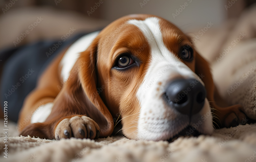 portrait of Basset dog laying on sofa and being sad . Digital artwork. Ai generated