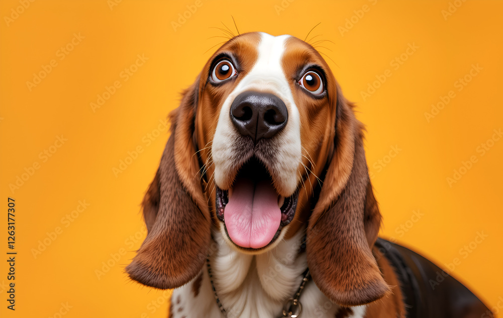 beautiful surprised Basset dog against orange background. Digital artwork. Ai generated