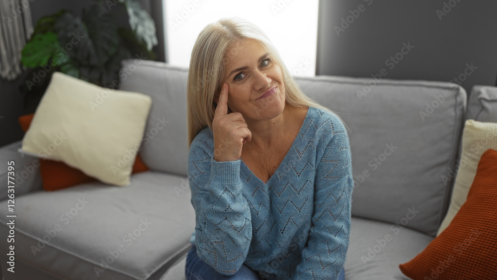 Woman posing with finger on head in cozy living room, wearing blue sweater, showing thoughtful expression, surrounded by cushions and plants, seated on gray sofa. Woman posing with finger on head in cozy living room, wearing blue sweater, showing thoughtful expression, surrounded by cushions and plants, seated on gray sofa.