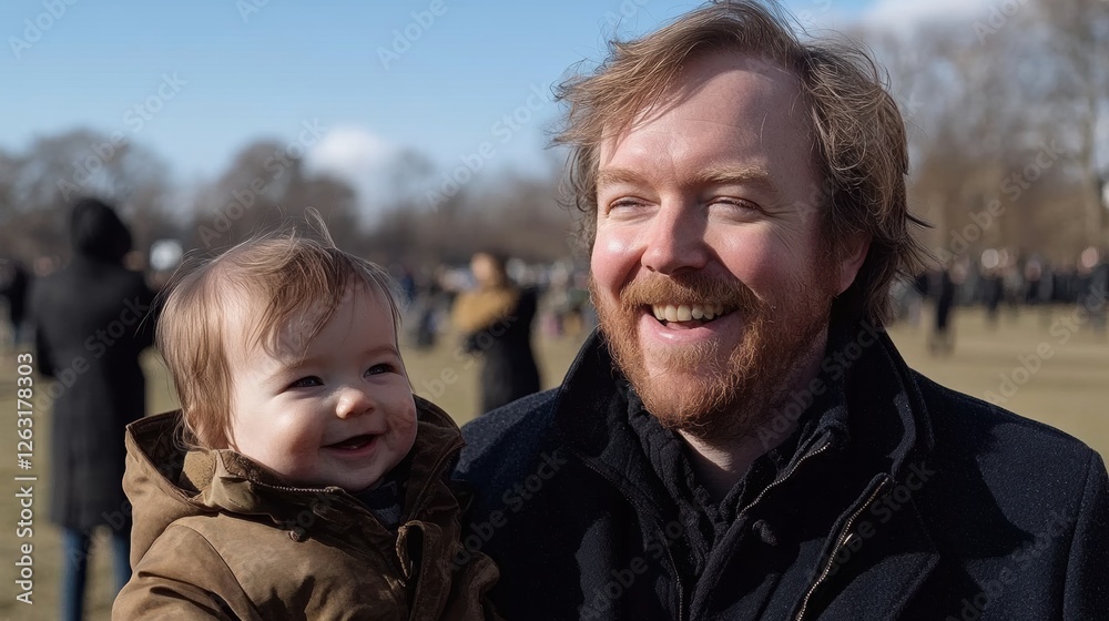 Smiling Father Holding His Laughing Baby in a Sunny Outdoor Park Filled with People Smiling Father Holding His Laughing Baby in a Sunny Outdoor Park Filled with People