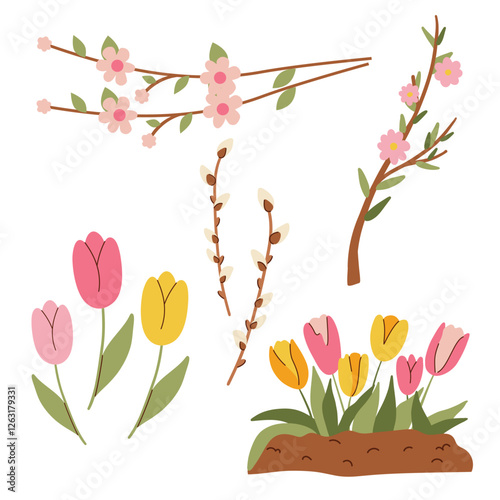 Set of spring flowers and willow branches.Tulips, willow, cherry blossom, cherry blossom, sakura. Vector illustration.