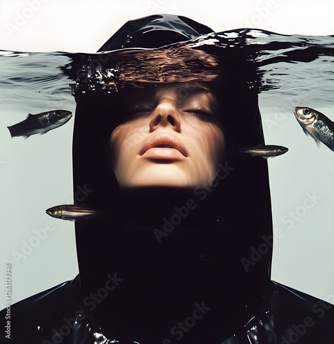 Woman in a jacket and hood, his head in the water, fish swimming around, album cover. Portrait of a girl in an aquarium with goldfish. generative AI.
