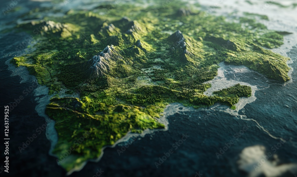 Lush green volcanic island aerial view; ocean background; travel brochure Lush green volcanic island aerial view; ocean background; travel brochure