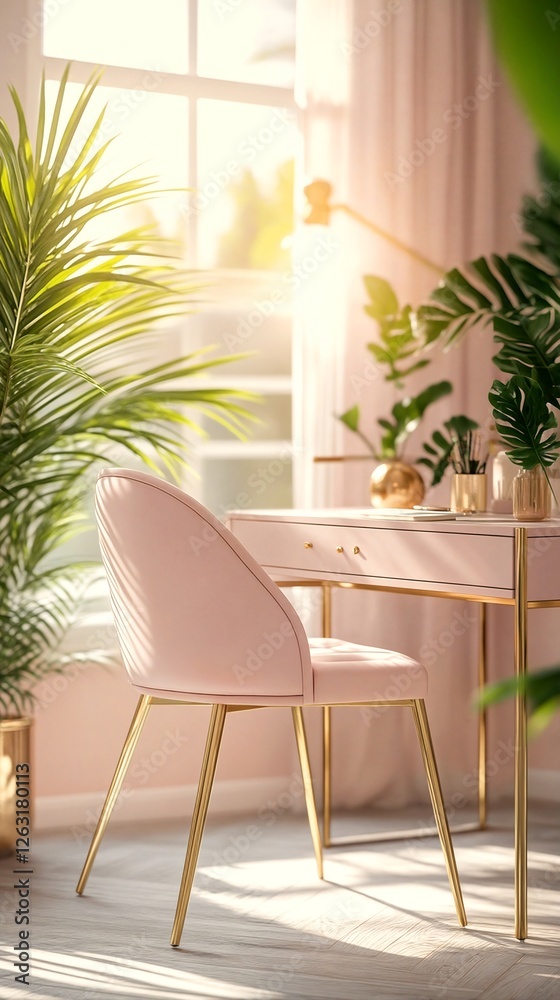 A modern office space with white walls and a pink desk chair. A modern office space with white walls and a pink desk chair.