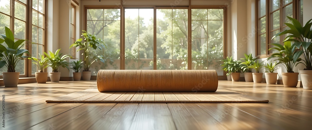 Rolled-up Bamboo Mat on Wooden Floor in a Sunlit Room with Large Windows and Potted Plants Rolled-up Bamboo Mat on Wooden Floor in a Sunlit Room with Large Windows and Potted Plants