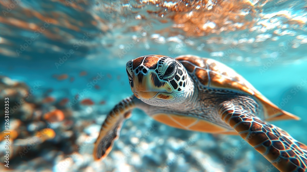 Obraz premium Sea Turtle Swimming Underwater Coral Reef
