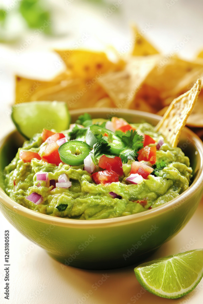 Avocado appetizer - guacamole with tomatoes, jalapenos and tortilla chips, close-up. Mexican cuisine Avocado appetizer - guacamole with tomatoes, jalapenos and tortilla chips, close-up. Mexican cuisine