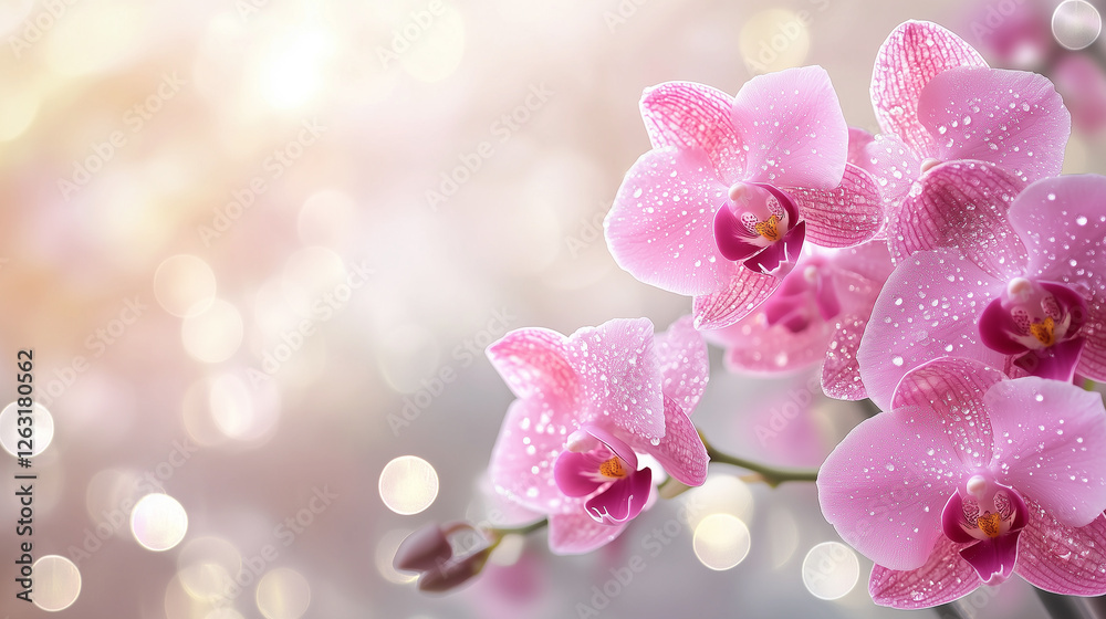 Elegant pink orchid flowers with dewdrops and soft bokeh background Elegant pink orchid flowers with dewdrops and soft bokeh background