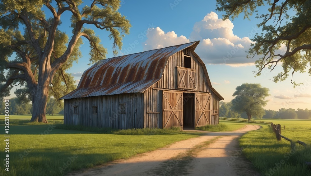 Fototapeta premium Rustic barn at sunset in a serene countryside landscape with lush greenery and a dirt path leading to it